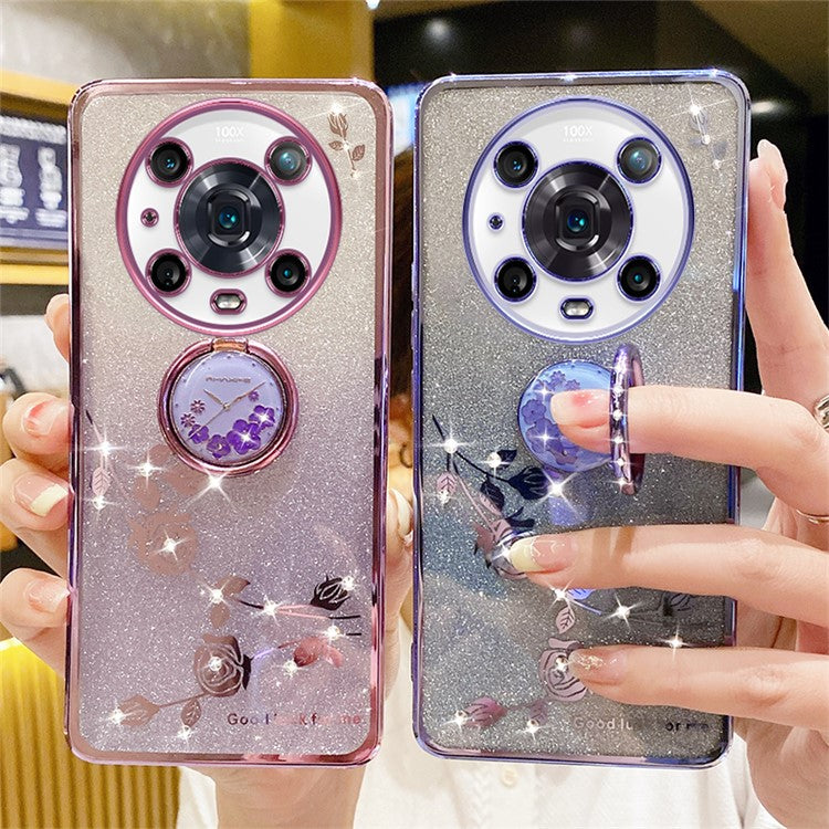 KADEM For Honor Magic4 Pro 5G TPU Case with Kickstand Glitter Flower Pattern Rhinestone Decor - Blue