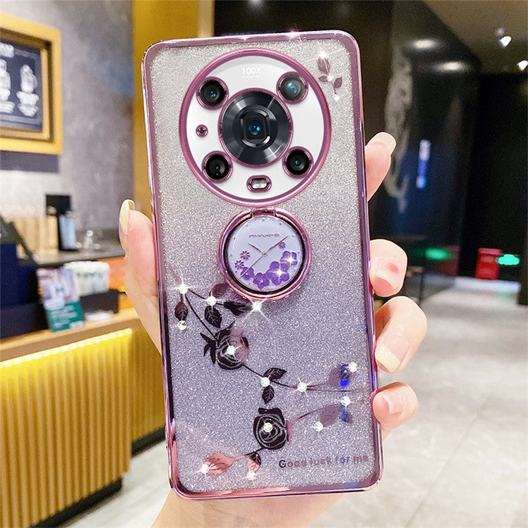 KADEM For Honor Magic4 Pro 5G TPU Case with Kickstand Glitter Flower Pattern Rhinestone Decor - Purple