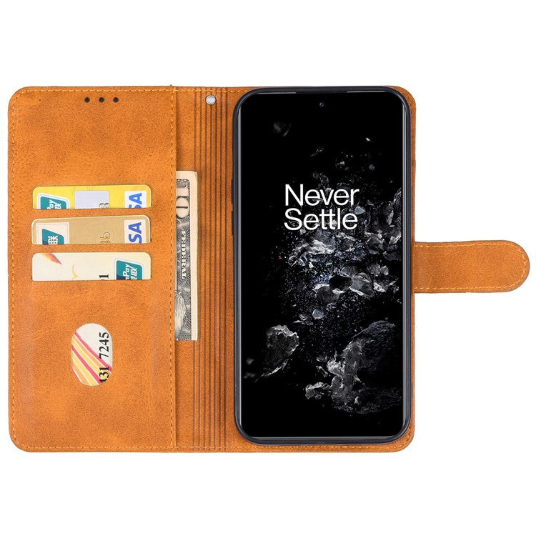 For OnePlus 11 5G Calf Texture PU Leather Wallet Case Flip Folio Stand Magnetic Protective Phone Cover with Strap - Brown