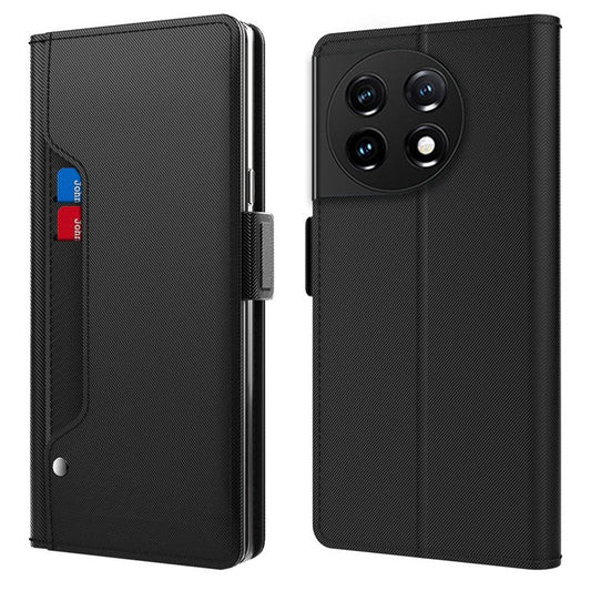 Anti-fall Phone Case for OnePlus 11 5G, PU Leather+TPU Foldable Stand Card Holder Magnetic Phone Cover with Makeup Mirror - Black