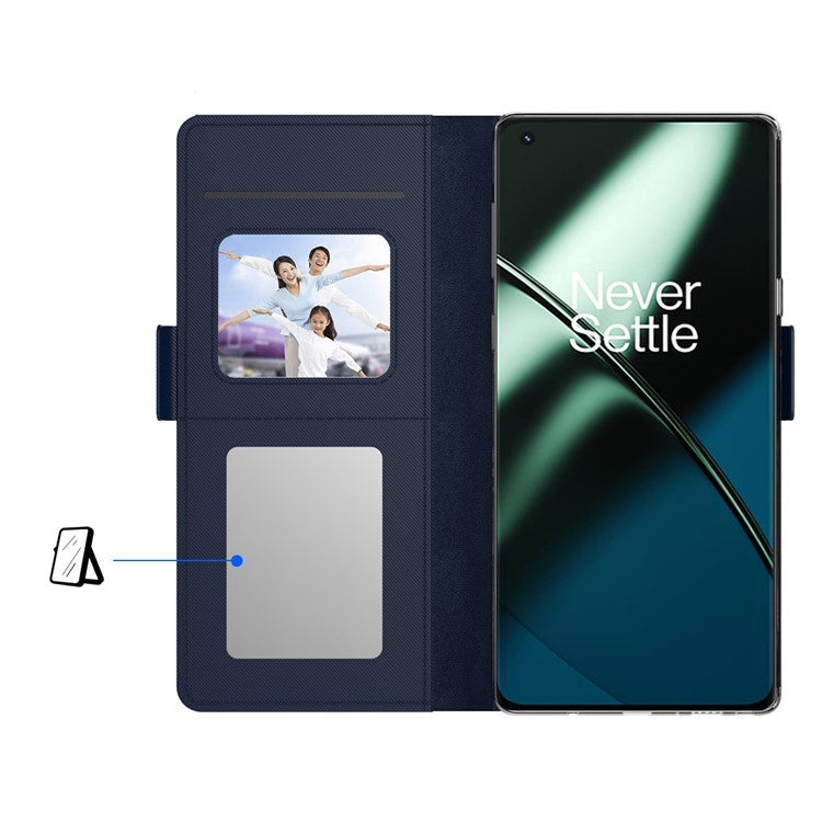 Anti-fall Phone Case for OnePlus 11 5G, PU Leather+TPU Foldable Stand Card Holder Magnetic Phone Cover with Makeup Mirror - Black