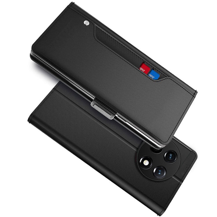 Anti-fall Phone Case for OnePlus 11 5G, PU Leather+TPU Foldable Stand Card Holder Magnetic Phone Cover with Makeup Mirror - Black