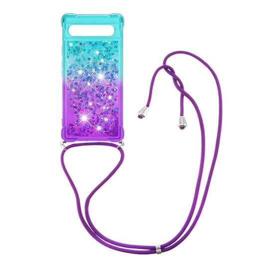 YB Quicksand Series-6 TPU Phone Case for Google Pixel 7a, Gradient Color Flowing Liquid Quicksand Shockproof Back Cover with Lanyard - Sky Blue  /  Purple