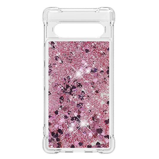 YB Quicksand Series-1 for Google Pixel 7a Quicksand Flowing Glitter Soft TPU Case Anti-scratch Cell Phone Cover - Rose Gold  /  Hearts