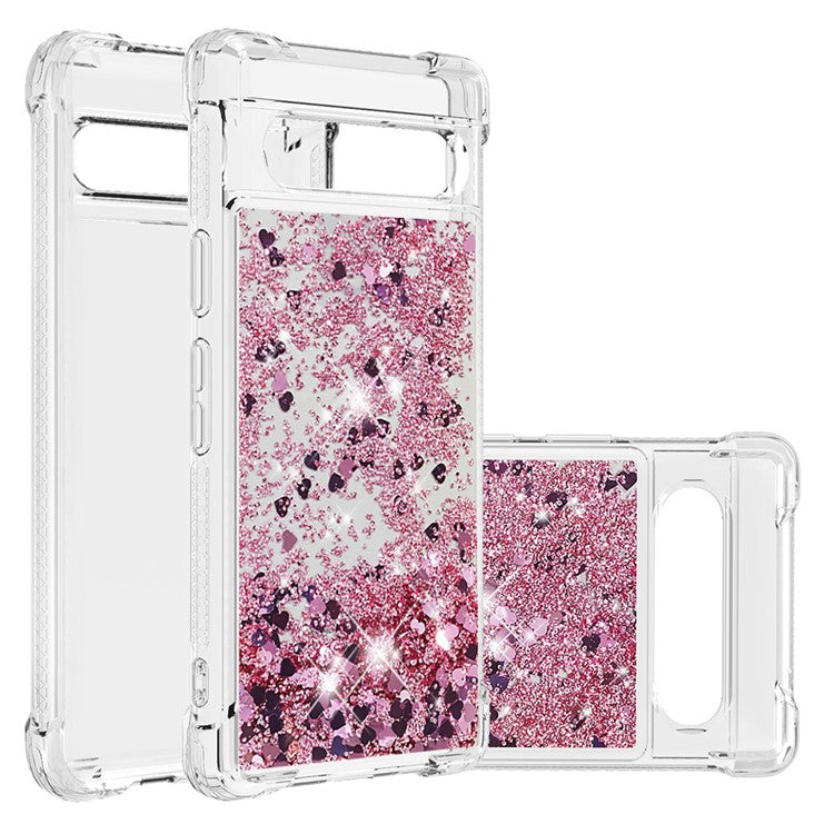 YB Quicksand Series-1 for Google Pixel 7a Quicksand Flowing Glitter Soft TPU Case Anti-scratch Cell Phone Cover - Rose Gold  /  Hearts