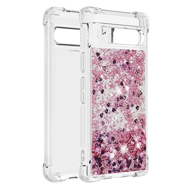 YB Quicksand Series-1 for Google Pixel 7a Quicksand Flowing Glitter Soft TPU Case Anti-scratch Cell Phone Cover - Rose Gold  /  Hearts