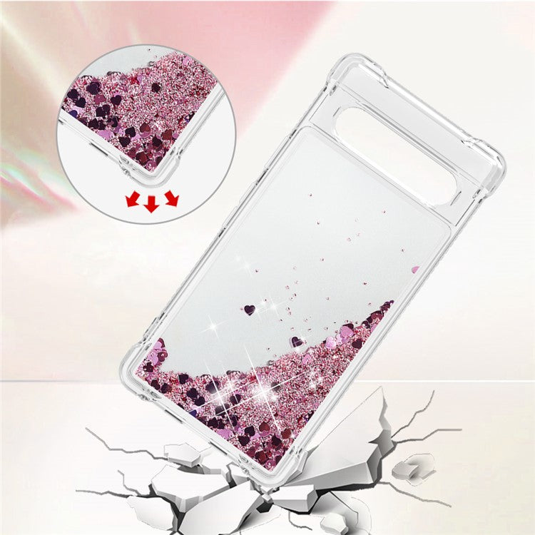 YB Quicksand Series-1 for Google Pixel 7a Quicksand Flowing Glitter Soft TPU Case Anti-scratch Cell Phone Cover - Rose Gold  /  Hearts