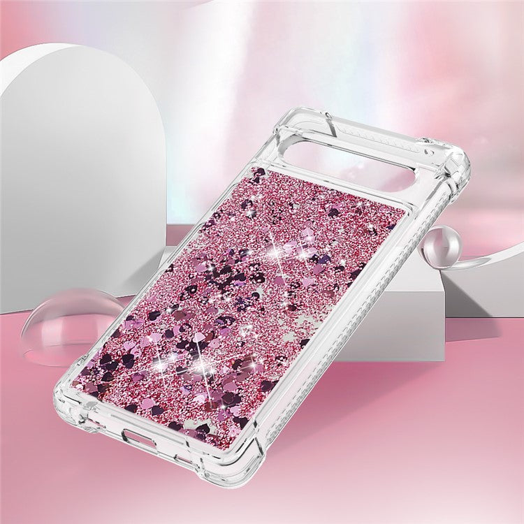 YB Quicksand Series-1 for Google Pixel 7a Quicksand Flowing Glitter Soft TPU Case Anti-scratch Cell Phone Cover - Rose Gold  /  Hearts