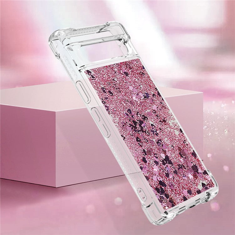YB Quicksand Series-1 for Google Pixel 7a Quicksand Flowing Glitter Soft TPU Case Anti-scratch Cell Phone Cover - Rose Gold  /  Hearts