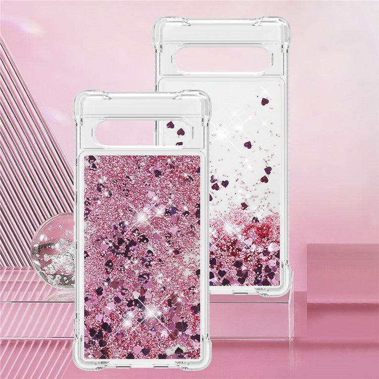 YB Quicksand Series-1 for Google Pixel 7a Quicksand Flowing Glitter Soft TPU Case Anti-scratch Cell Phone Cover - Rose Gold  /  Hearts