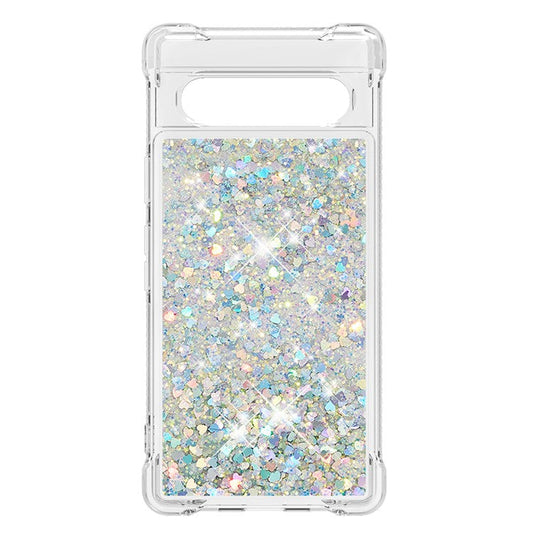 YB Quicksand Series-1 for Google Pixel 7a Quicksand Flowing Glitter Soft TPU Case Anti-scratch Cell Phone Cover - Silver  /  Hearts