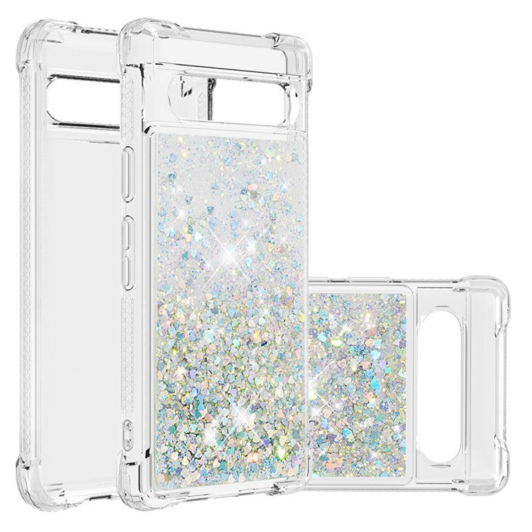 YB Quicksand Series-1 for Google Pixel 7a Quicksand Flowing Glitter Soft TPU Case Anti-scratch Cell Phone Cover - Silver  /  Hearts