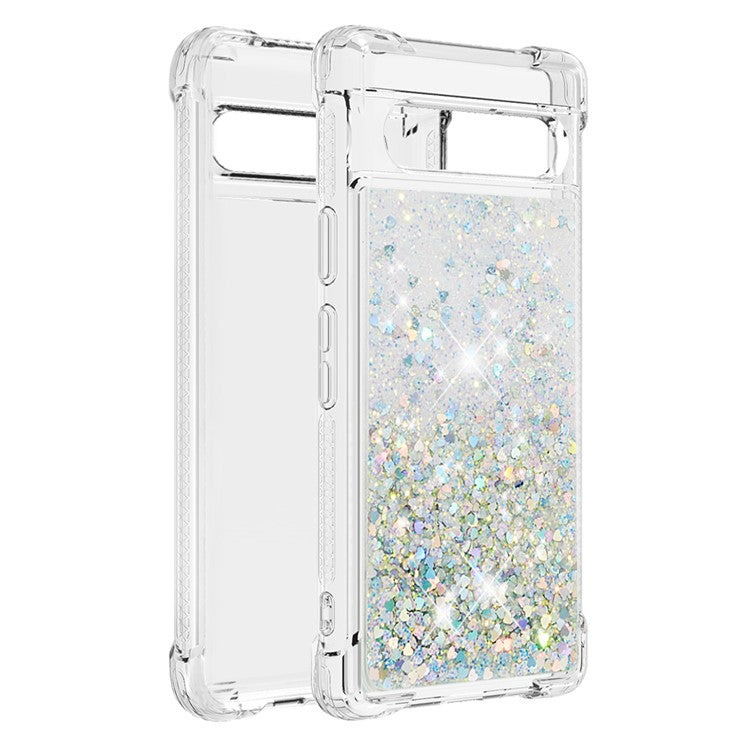 YB Quicksand Series-1 for Google Pixel 7a Quicksand Flowing Glitter Soft TPU Case Anti-scratch Cell Phone Cover - Silver  /  Hearts