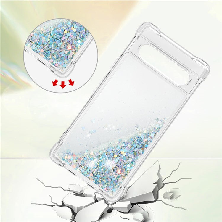 YB Quicksand Series-1 for Google Pixel 7a Quicksand Flowing Glitter Soft TPU Case Anti-scratch Cell Phone Cover - Silver  /  Hearts