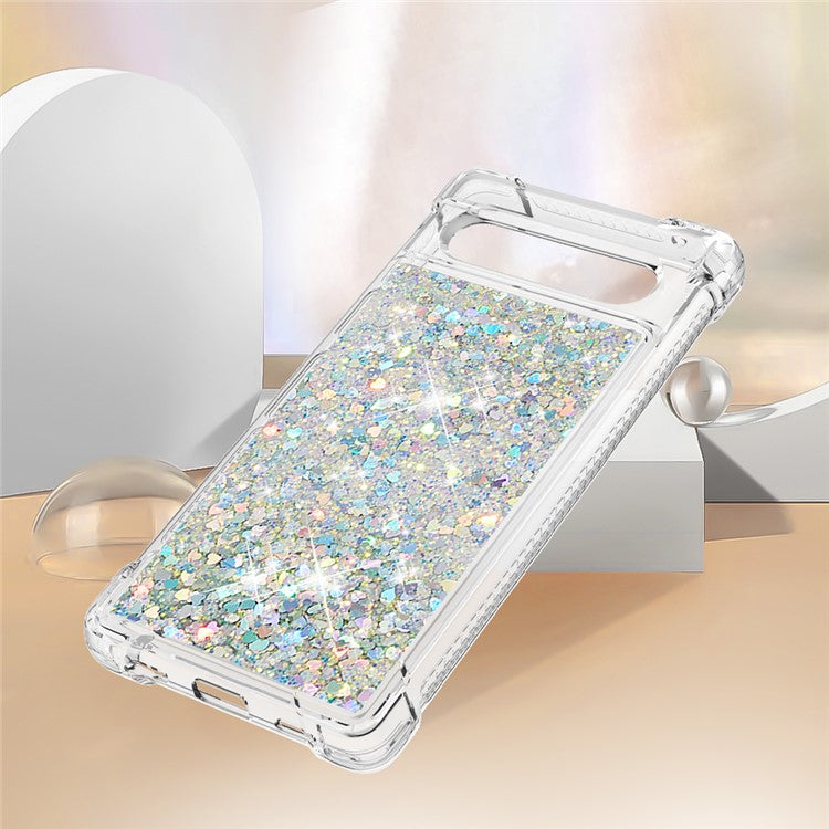 YB Quicksand Series-1 for Google Pixel 7a Quicksand Flowing Glitter Soft TPU Case Anti-scratch Cell Phone Cover - Silver  /  Hearts