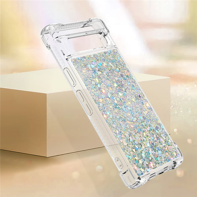 YB Quicksand Series-1 for Google Pixel 7a Quicksand Flowing Glitter Soft TPU Case Anti-scratch Cell Phone Cover - Silver  /  Hearts