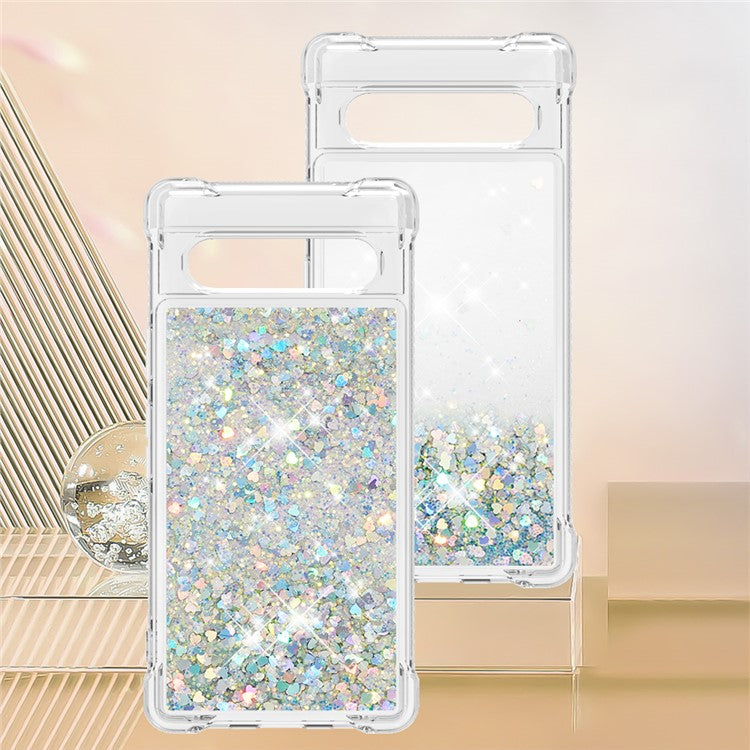 YB Quicksand Series-1 for Google Pixel 7a Quicksand Flowing Glitter Soft TPU Case Anti-scratch Cell Phone Cover - Silver  /  Hearts
