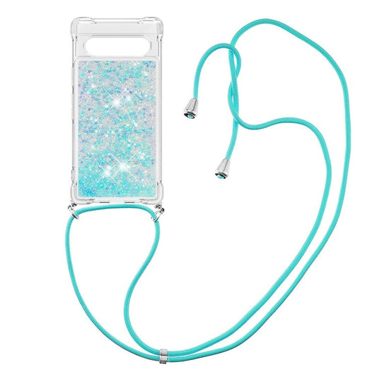 YB Quicksand Series-4 for Google Pixel 7a 5G Liquid Quicksand Phone Protective Case Soft TPU Drop-proof Cover with Lanyard - Blue / Pentagram