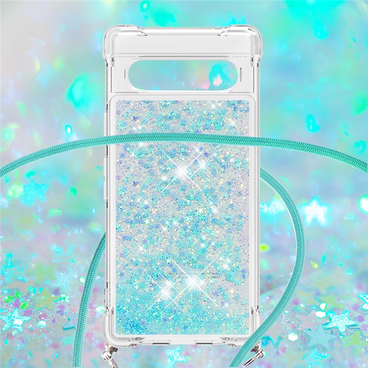 YB Quicksand Series-4 for Google Pixel 7a 5G Liquid Quicksand Phone Protective Case Soft TPU Drop-proof Cover with Lanyard - Blue / Pentagram