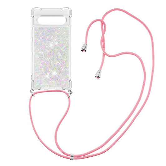 YB Quicksand Series-4 for Google Pixel 7a 5G Liquid Quicksand Phone Protective Case Soft TPU Drop-proof Cover with Lanyard - Laser / Hearts