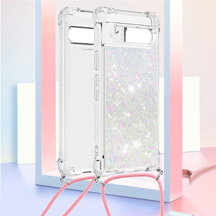 YB Quicksand Series-4 for Google Pixel 7a 5G Liquid Quicksand Phone Protective Case Soft TPU Drop-proof Cover with Lanyard - Laser / Hearts