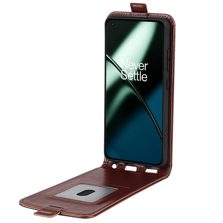 For OnePlus 11 5G Crazy Horse Texture PU Leather Anti-drop Phone Case with Card Slot Dual Magnetic Clasp Vertical Flip Phone Cover - Brown