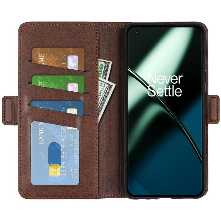 For OnePlus 11 5G Calf Texture PU Leather Phone Case Dual Magnetic Clasp Protective Cover with Stand Wallet - Brown