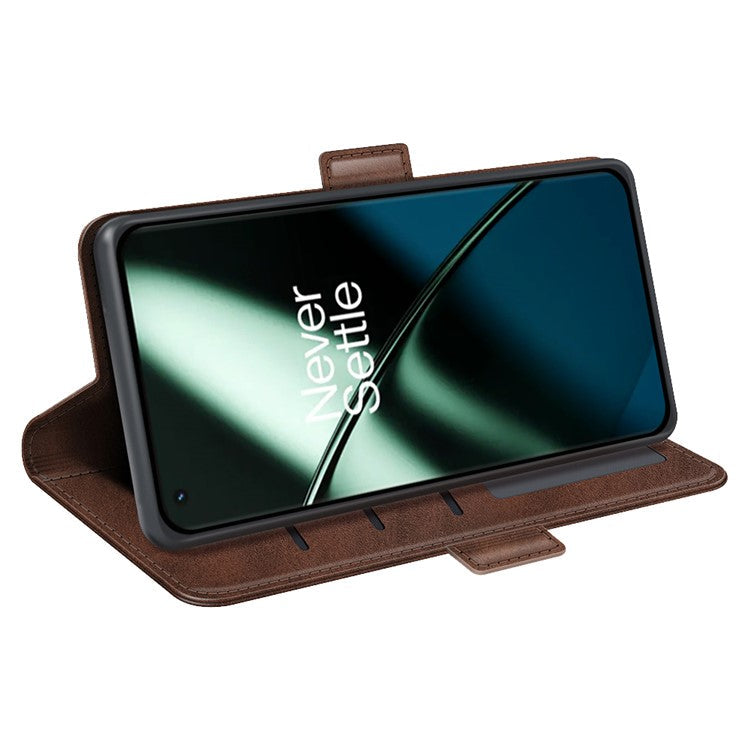 For OnePlus 11 5G Calf Texture PU Leather Phone Case Dual Magnetic Clasp Protective Cover with Stand Wallet - Brown