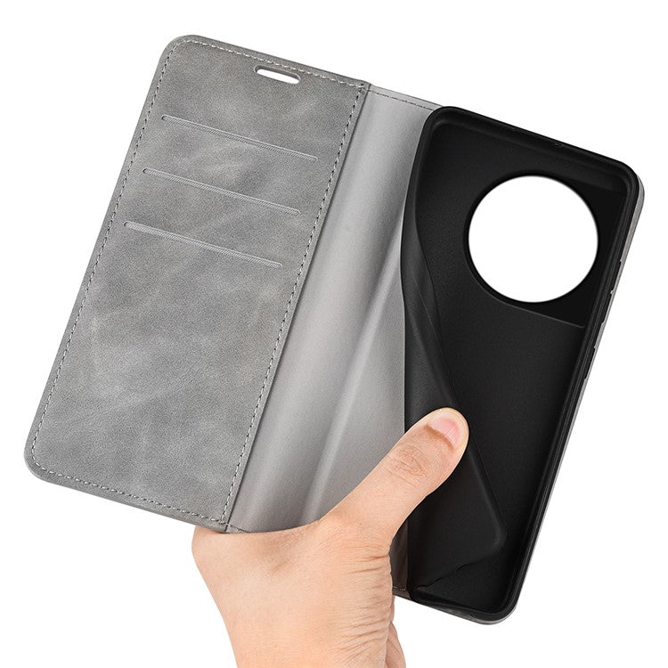 For OnePlus 11 5G Skin-touch Feeling Magnetic Auto-absorbed Wallet Case Fully Wrapped PU Leather Stand Flip Phone Cover - Grey