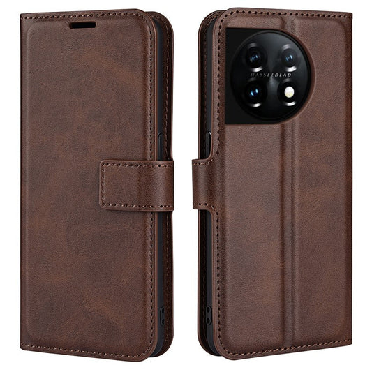 Shockproof Phone Case For OnePlus 11 5G, PU Leather Stand Wallet Calf Texture Square Magnetic Clasp Phone Cover - Dark Brown