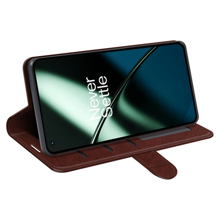 For OnePlus 11 5G Full Protection Crazy Horse Texture PU Leather Magnetic Phone Case Stand Wallet Flip Phone Cover - Brown