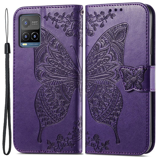 For vivo Y21 / Y21s / Y33s Anti-drop PU Leather Phone Case Imprinted Butterfly Pattern Stand Wallet Cell Phone Cover - Purple