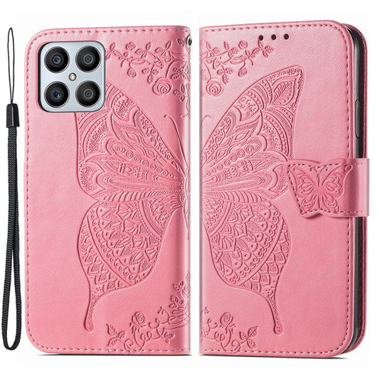 For Honor X8 4G PU Leather Phone Case Imprinted Butterfly Pattern Well-protected Stand Wallet Flip Magnetic Closure Phone Cover - Pink
