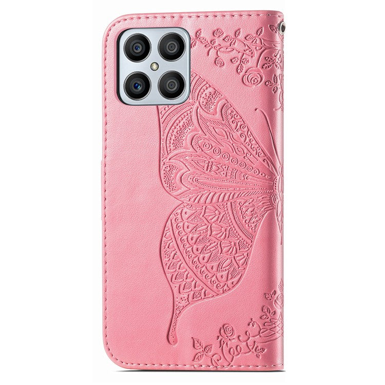 For Honor X8 4G PU Leather Phone Case Imprinted Butterfly Pattern Well-protected Stand Wallet Flip Magnetic Closure Phone Cover - Pink