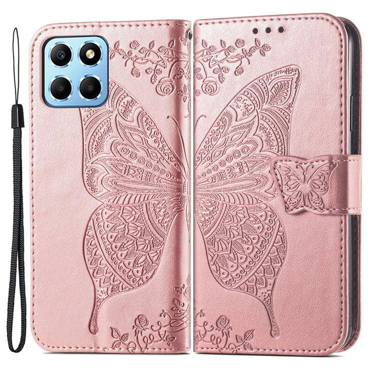 For Honor X8 5G PU Leather Protective Phone Case Imprinted Butterfly Pattern Shockproof Flip Phone Cover with Stand Wallet - Rose Gold