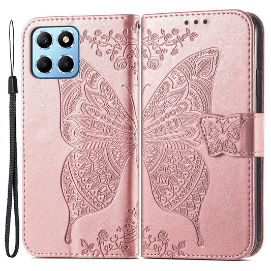 For Honor X8 5G PU Leather Protective Phone Case Imprinted Butterfly Pattern Shockproof Flip Phone Cover with Stand Wallet - Rose Gold