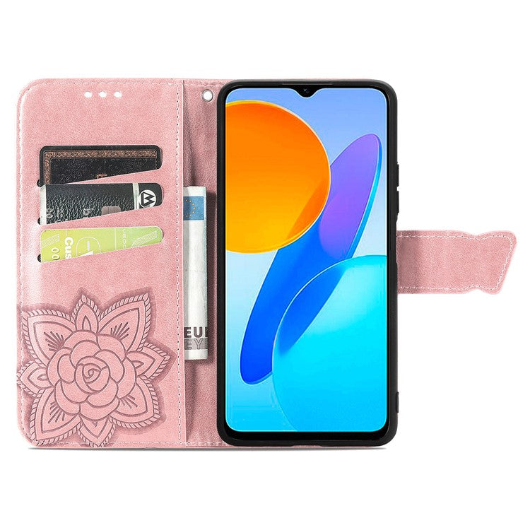 For Honor X8 5G PU Leather Protective Phone Case Imprinted Butterfly Pattern Shockproof Flip Phone Cover with Stand Wallet - Rose Gold