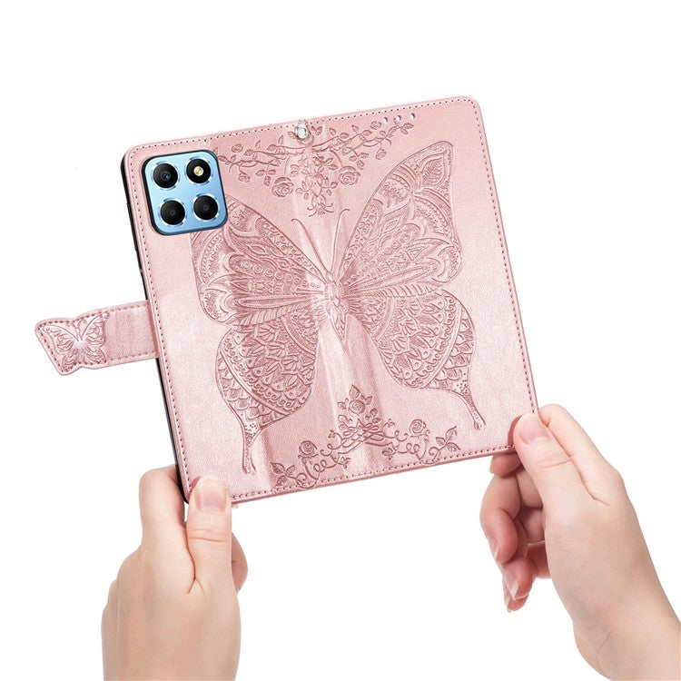 For Honor X8 5G PU Leather Protective Phone Case Imprinted Butterfly Pattern Shockproof Flip Phone Cover with Stand Wallet - Rose Gold