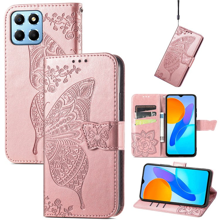 For Honor X8 5G PU Leather Protective Phone Case Imprinted Butterfly Pattern Shockproof Flip Phone Cover with Stand Wallet - Rose Gold