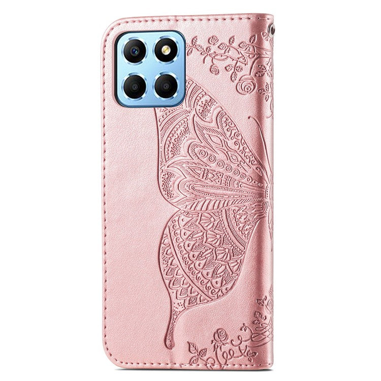 For Honor X8 5G PU Leather Protective Phone Case Imprinted Butterfly Pattern Shockproof Flip Phone Cover with Stand Wallet - Rose Gold