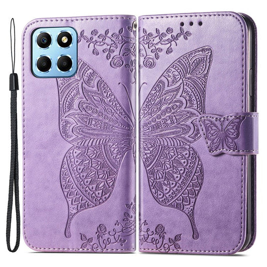 For Honor X8 5G PU Leather Protective Phone Case Imprinted Butterfly Pattern Shockproof Flip Phone Cover with Stand Wallet - Light Purple