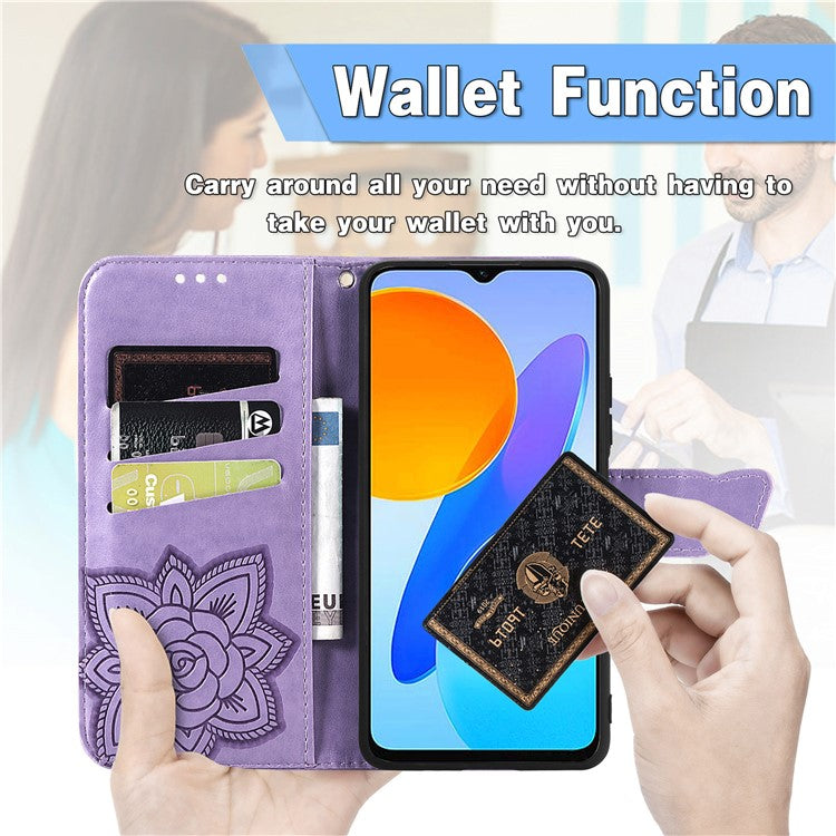 For Honor X8 5G PU Leather Protective Phone Case Imprinted Butterfly Pattern Shockproof Flip Phone Cover with Stand Wallet - Light Purple