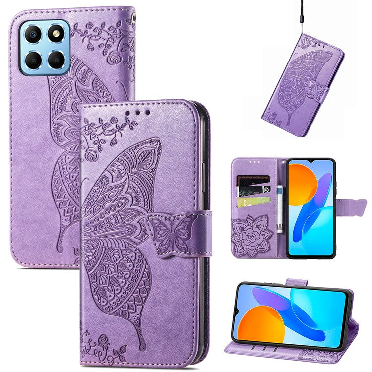 For Honor X8 5G PU Leather Protective Phone Case Imprinted Butterfly Pattern Shockproof Flip Phone Cover with Stand Wallet - Light Purple