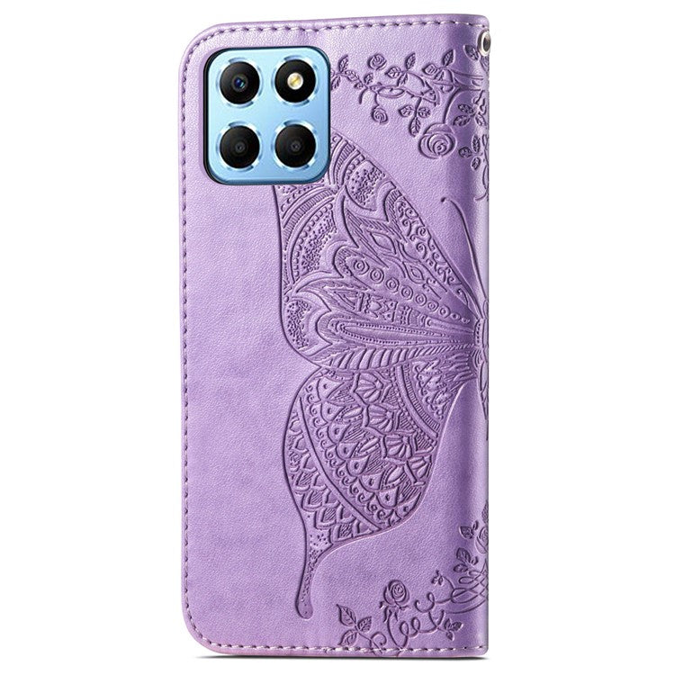 For Honor X8 5G PU Leather Protective Phone Case Imprinted Butterfly Pattern Shockproof Flip Phone Cover with Stand Wallet - Light Purple