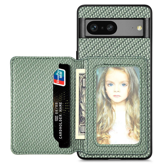 For Google Pixel 7a PU Leather Coated PC+TPU Magnetic Phone Cover Carbon Fiber Texture Shockproof Anti-sratch Phone Case Wallet Kickstand - Green
