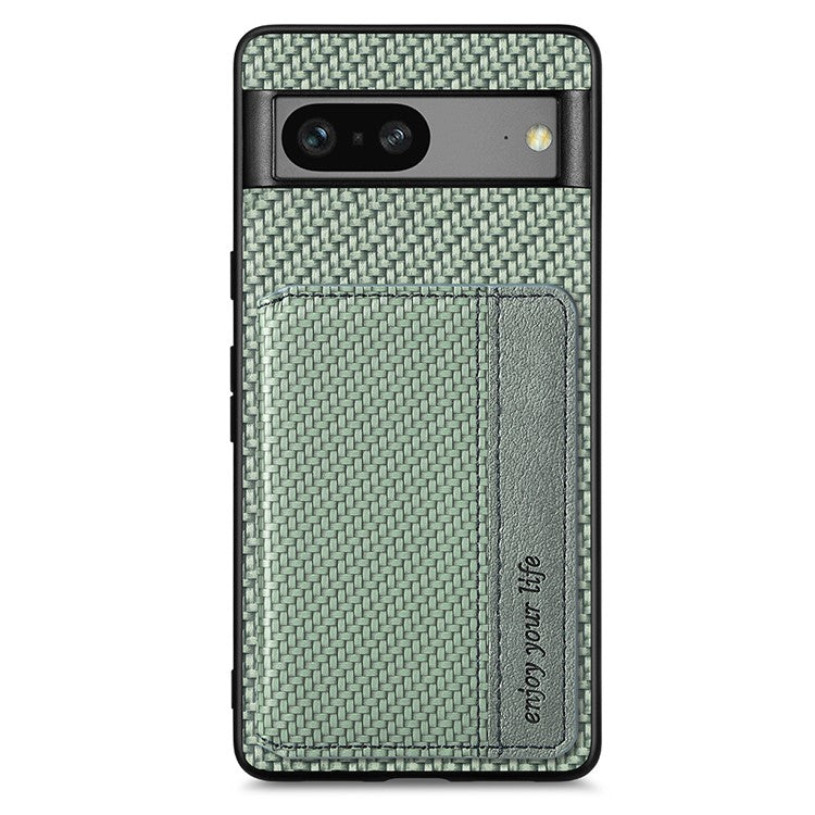 For Google Pixel 7a PU Leather Coated PC+TPU Magnetic Phone Cover Carbon Fiber Texture Shockproof Anti-sratch Phone Case Wallet Kickstand - Green