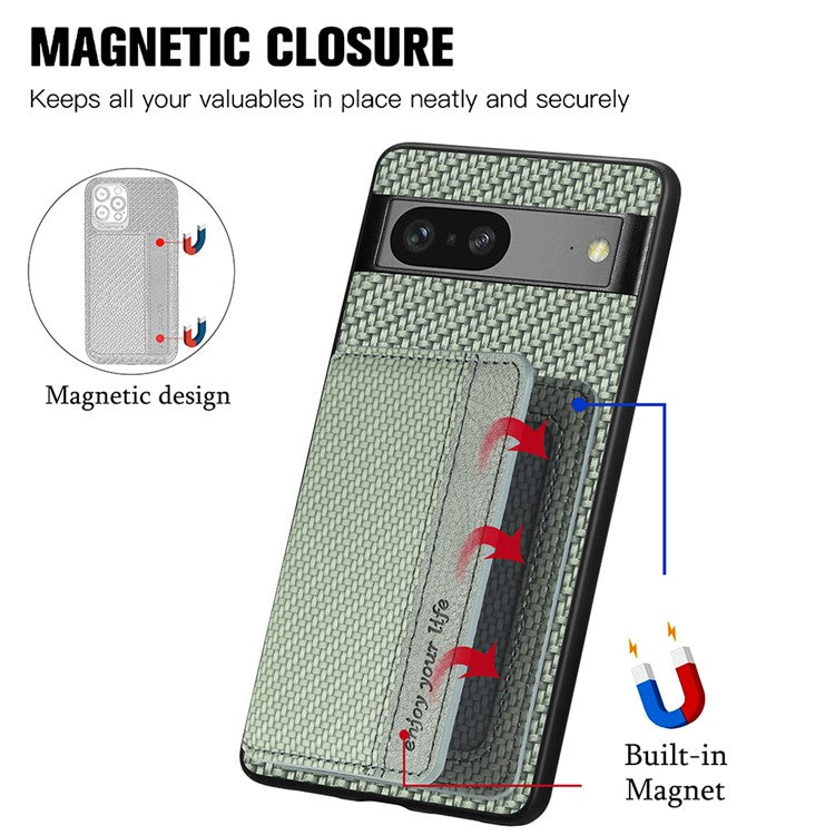 For Google Pixel 7a PU Leather Coated PC+TPU Magnetic Phone Cover Carbon Fiber Texture Shockproof Anti-sratch Phone Case Wallet Kickstand - Green