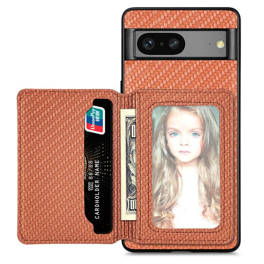 For Google Pixel 7a PU Leather Coated PC+TPU Magnetic Phone Cover Carbon Fiber Texture Shockproof Anti-sratch Phone Case Wallet Kickstand - Brown