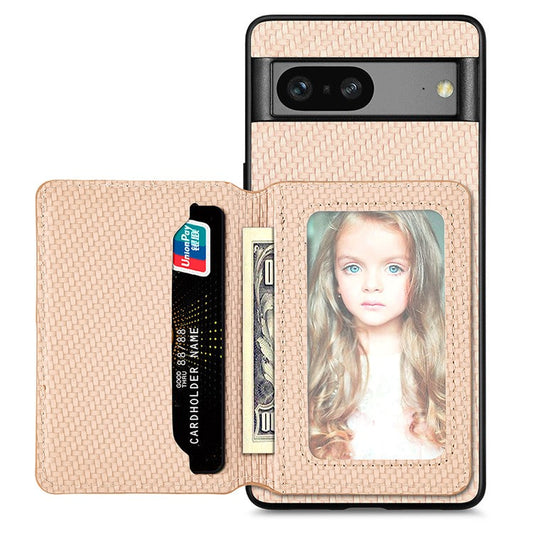 For Google Pixel 7a PU Leather Coated PC+TPU Magnetic Phone Cover Carbon Fiber Texture Shockproof Anti-sratch Phone Case Wallet Kickstand - Khaki