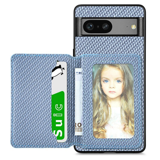 For Google Pixel 7a PU Leather Coated PC+TPU Magnetic Phone Cover Carbon Fiber Texture Shockproof Anti-sratch Phone Case Wallet Kickstand - Blue